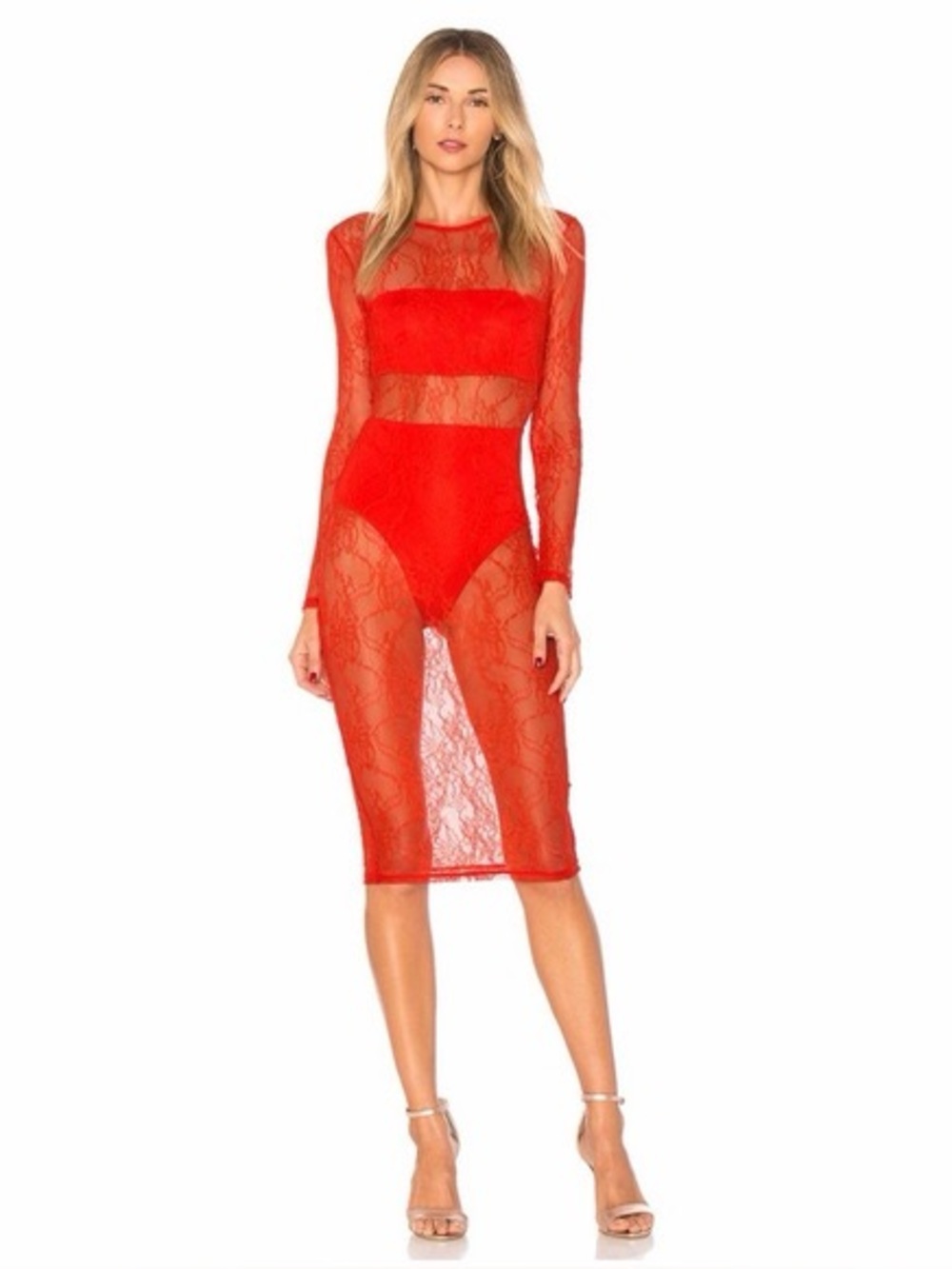 Revolve hours Lace Long Sleeve Cutout Midi Dress in Orange Red - M